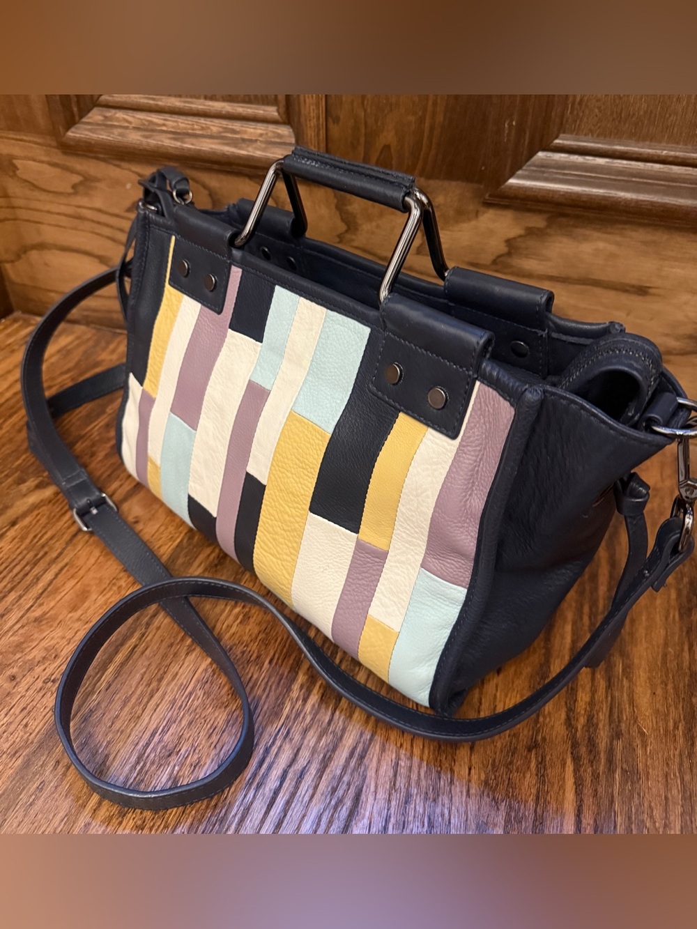 Kooba Leather Blue Yellow Patchwork Shoulder Bag Purse Crossbody